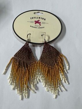 Idyllwind Beaded Fringe Earrings - Brown, Mustard & Cream